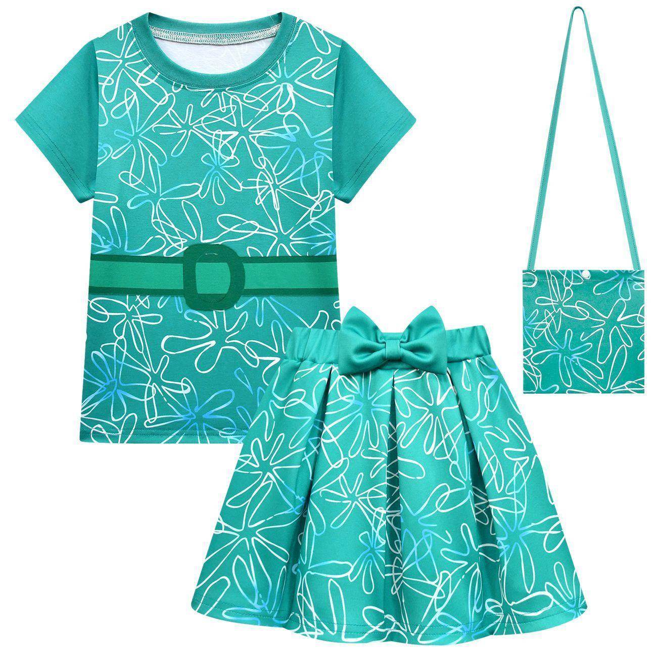 Kids' Inside Out Disgust Cosplay Costume Set Short Sleeve Pleated Dress with Bag - zzcosplay