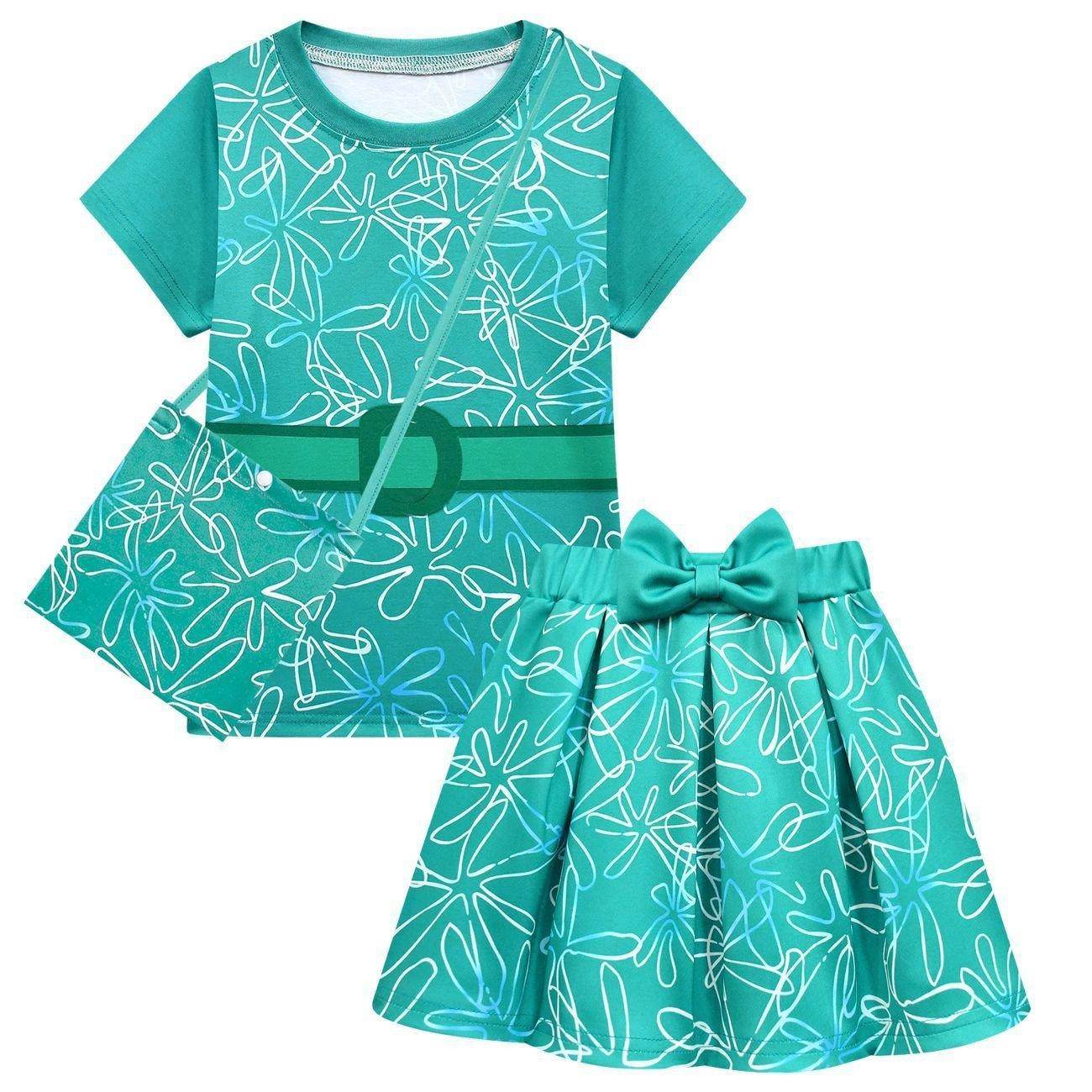 Kids' Inside Out Disgust Cosplay Costume Set Short Sleeve Pleated Dress with Bag - zzcosplay