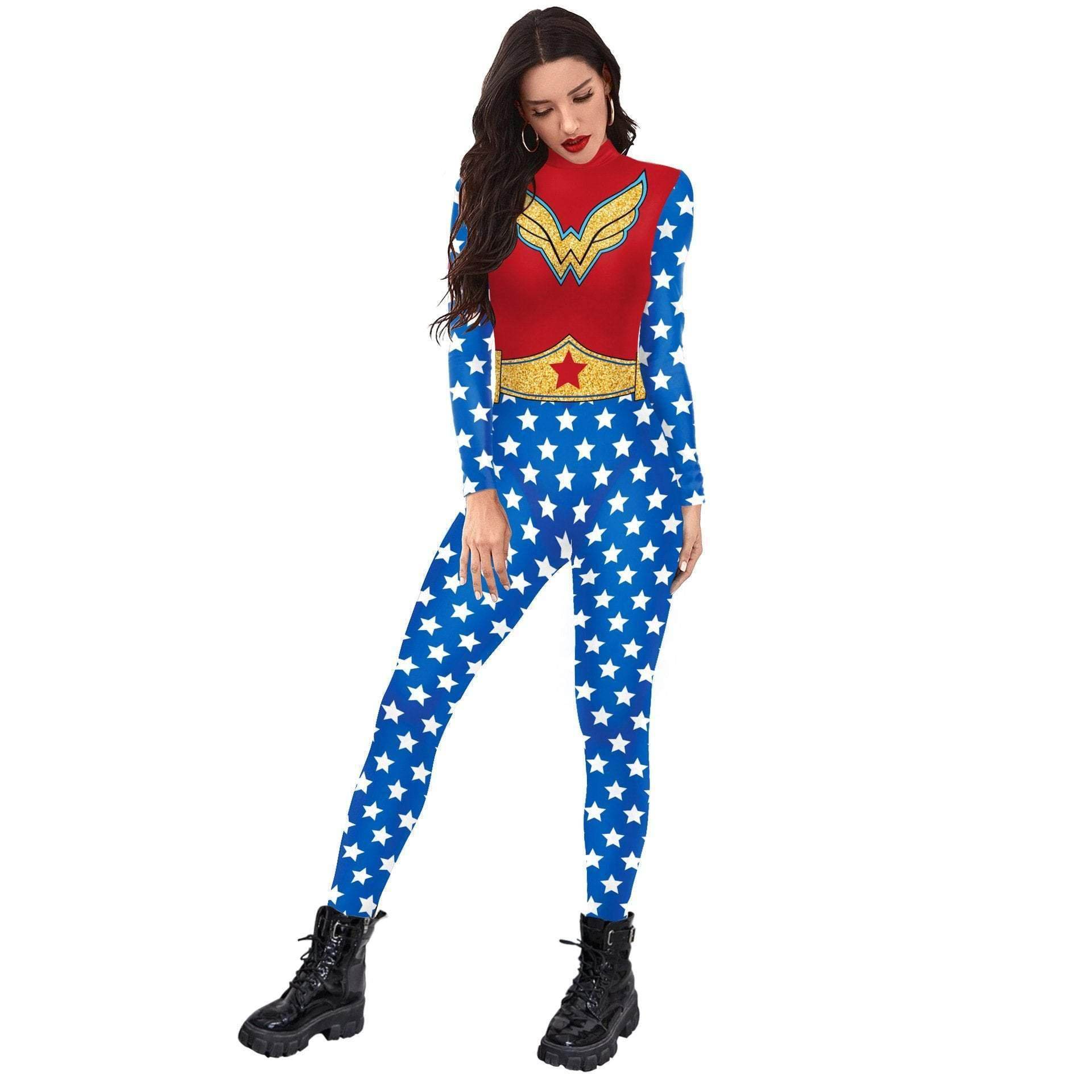 Superhero Wonder Woman Cosplay Costume Halloween Printed Jumpsuit Slim Fit Long Sleeve Party Outfit for Women - zzcosplay